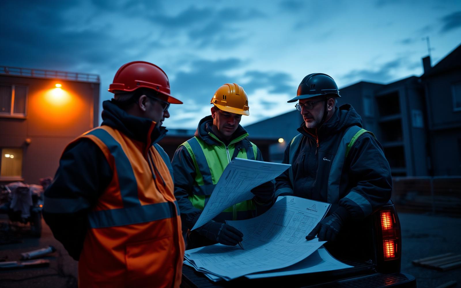 Squadra di cantiere svizzera che esamina i piani tecnici al crepuscolo