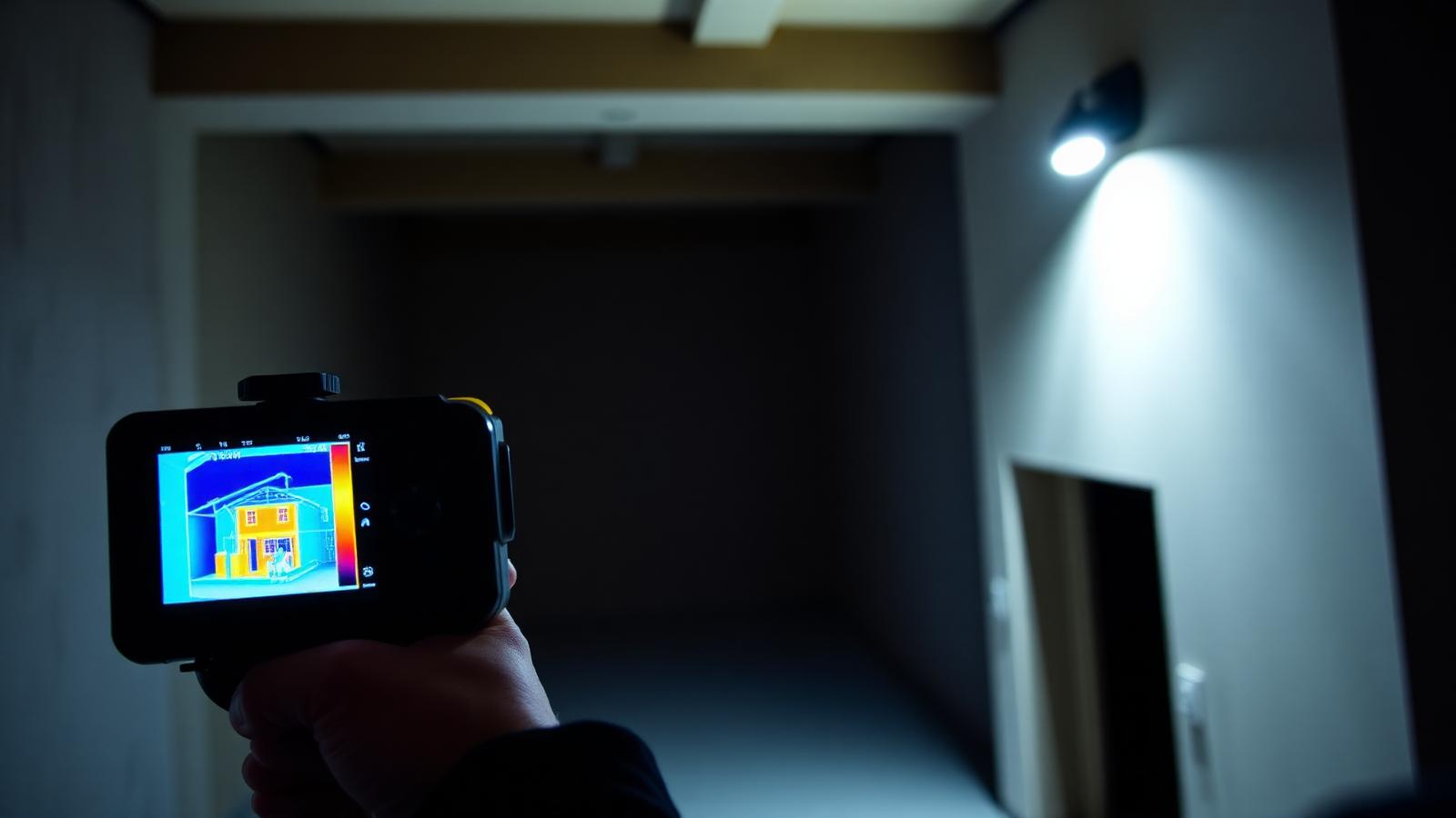 Tecnico che esegue un rilievo con termocamera all'interno di un edificio