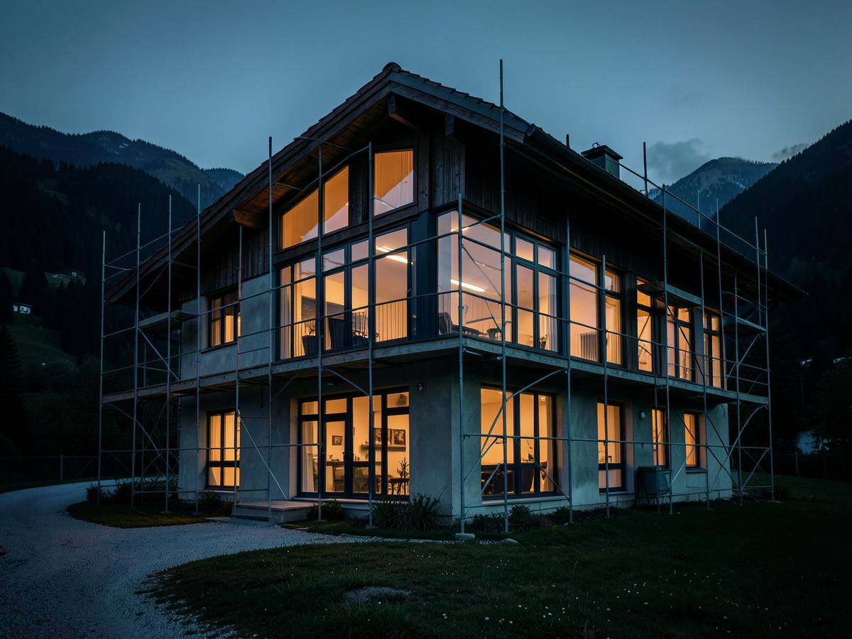 Cascina svizzera ristrutturata con nuovi serramenti scuri su tutta la facciata e ponteggio