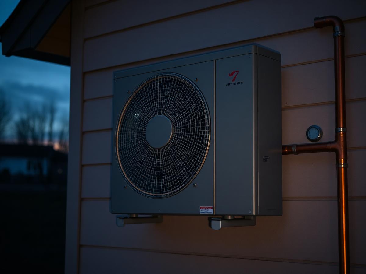 Unità esterna di una pompa di calore aria-acqua installata sulla parete di una casa svizzera al crepuscolo